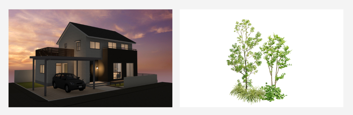 用意した樹木とパース素材